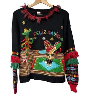 Ugly Christmas Sweater Feliz Navidad Sz Small Black Red Green Chihuahua Sparkle